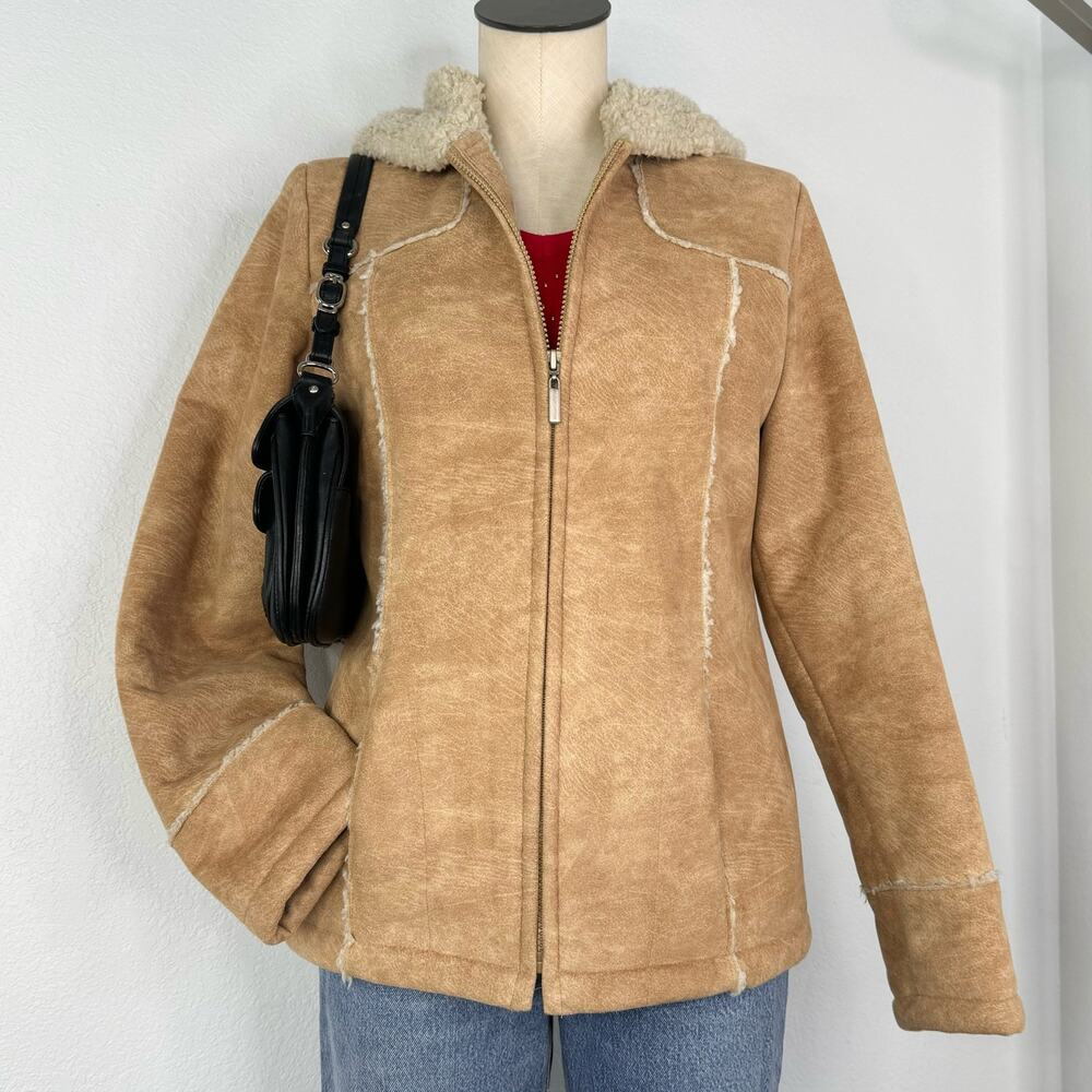 Y2K Sherpa Lined Zip Front Afghan Coat Faux Suede Size Small